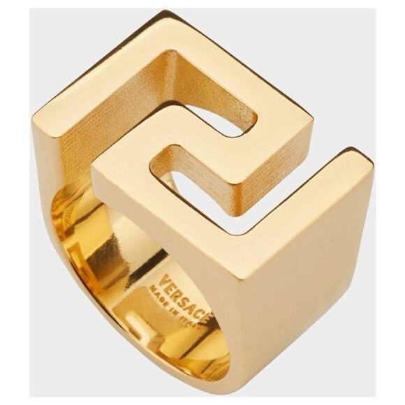 Versace Statement Band Ring Size 19/ US 8.5 Gold Tone Greca Icon Logo NIB - Picture 2 of 8